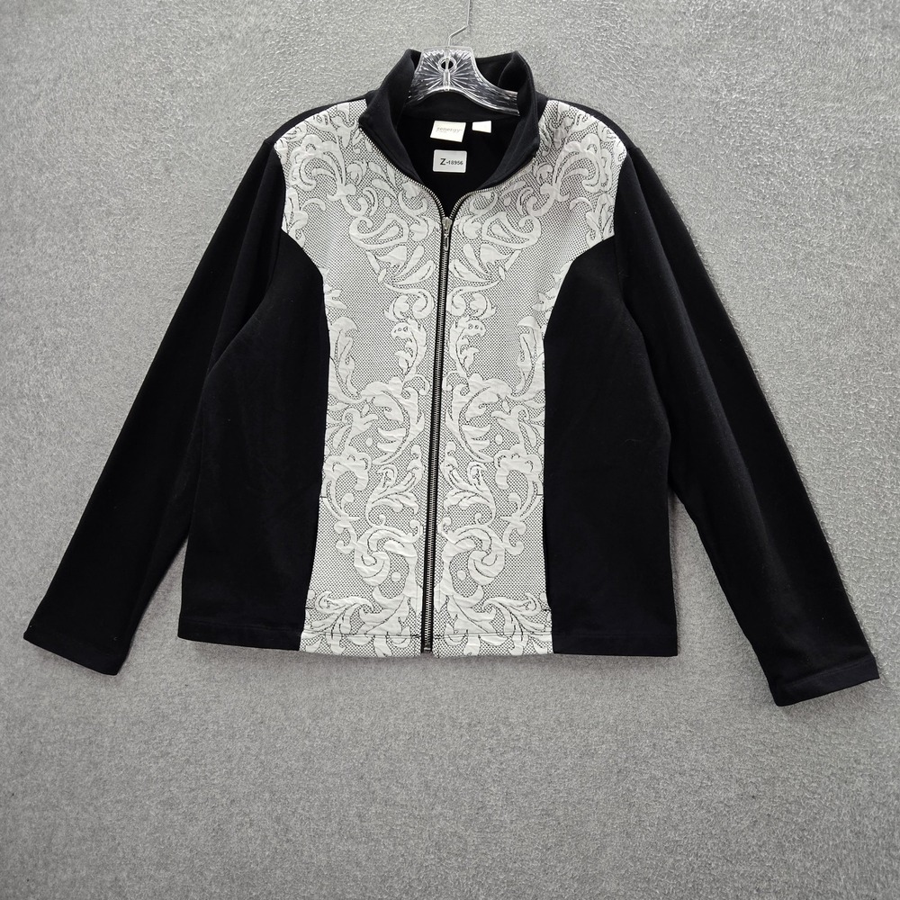 Zenergy By Chico's Women Jacket 2 Black Floral Full Zip Mock Neck Pockets